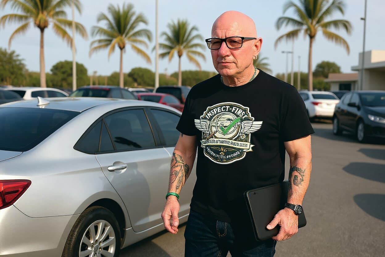 Anthony performing a walk-around inspection at a dealer lot