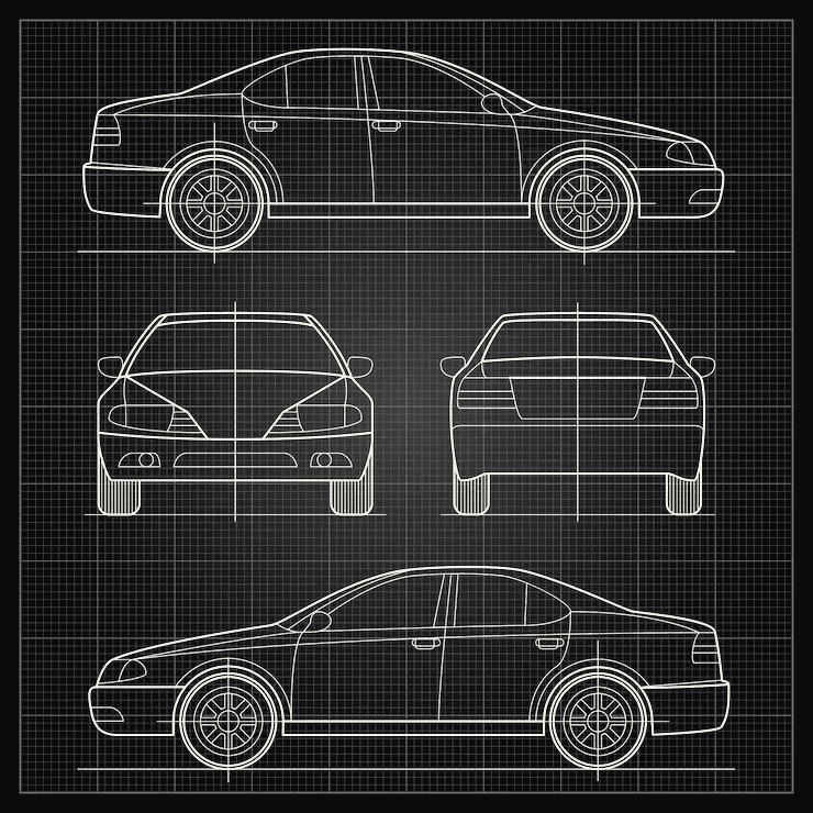 Sedan technical drawing — 4 views